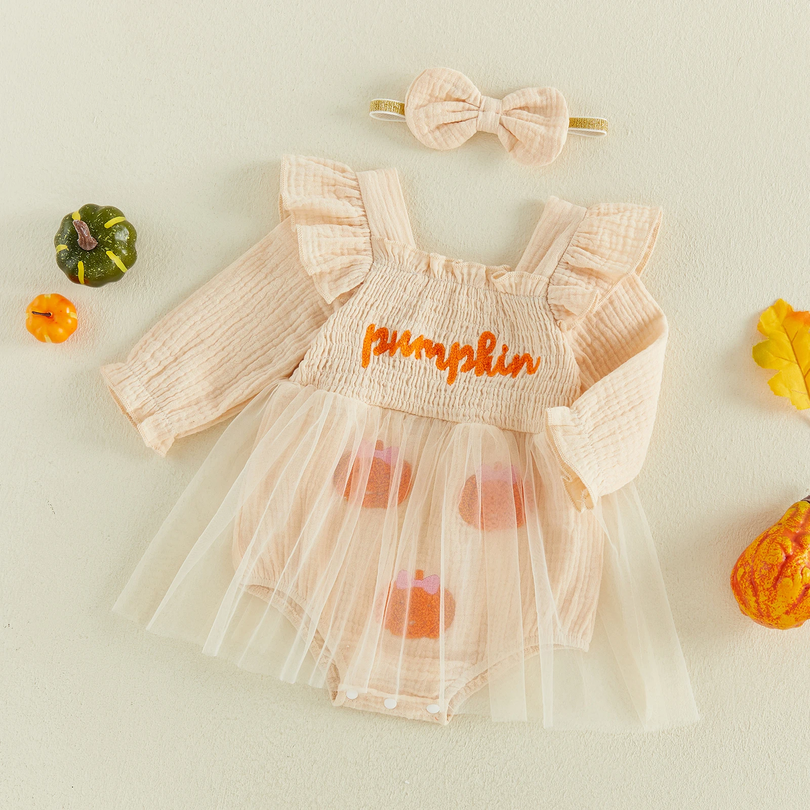 Baby Girl Halloween Outfits Pumpkin Letter Long Sleeve Smocked Bubble Mesh Romper Dress Bow Headband 2 Piece Fall Set