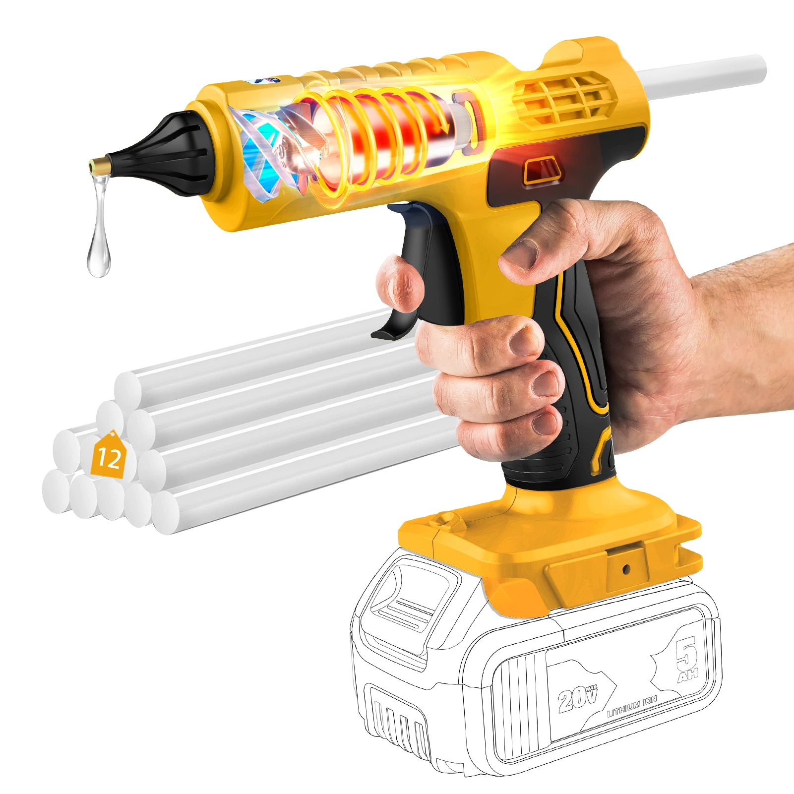 100W Cordless Hot Glue Gun for DeWalt 20V Battery (NO Battery) Wireless Power Glue Gun Full Size with 12pcs Glue Sticks(11mm)