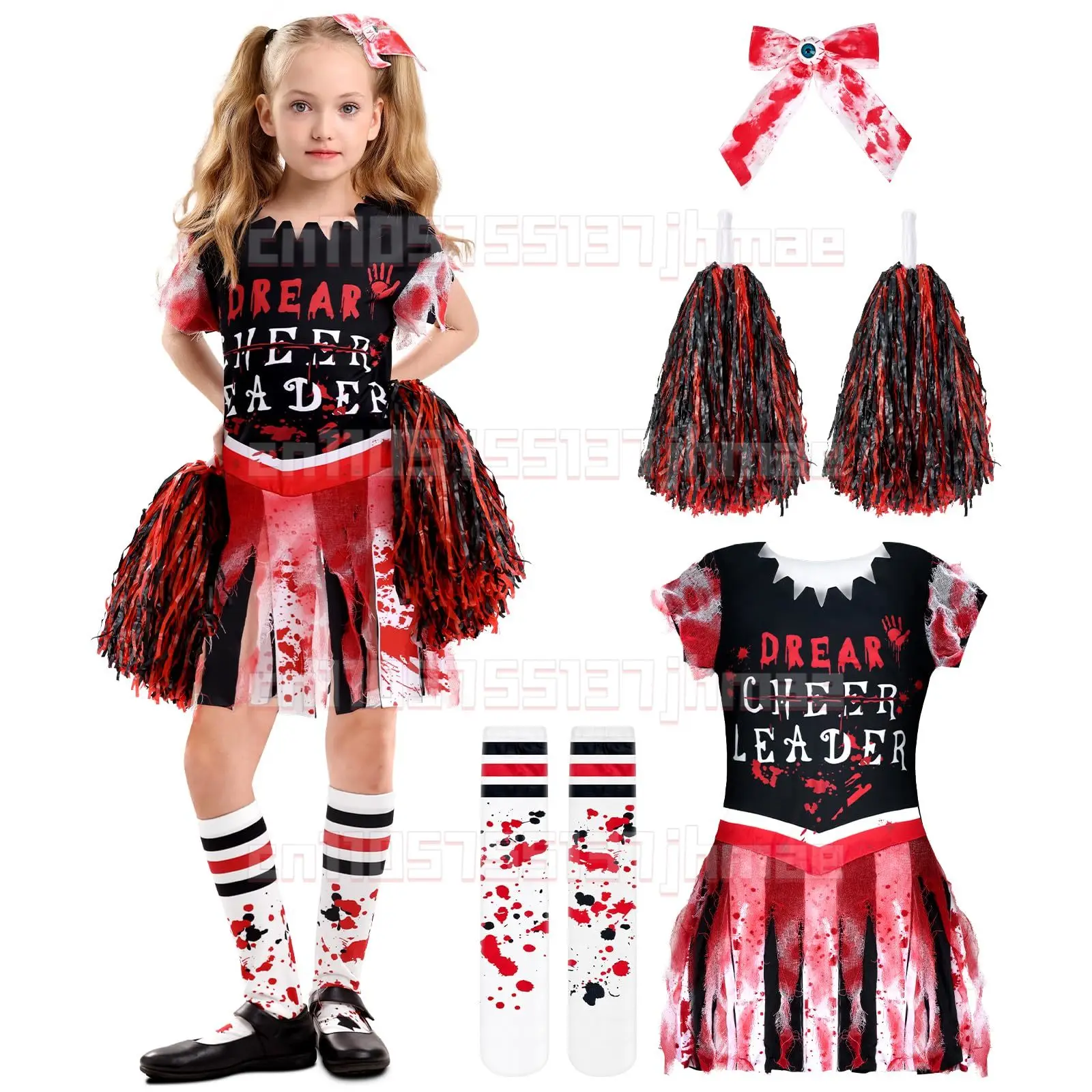 

Kids Girls Cheerleader Costume Cheerleading Uniform Scary Bloody Dress Halloween Cosplay Horror Themed Parties Dress Up Outfits