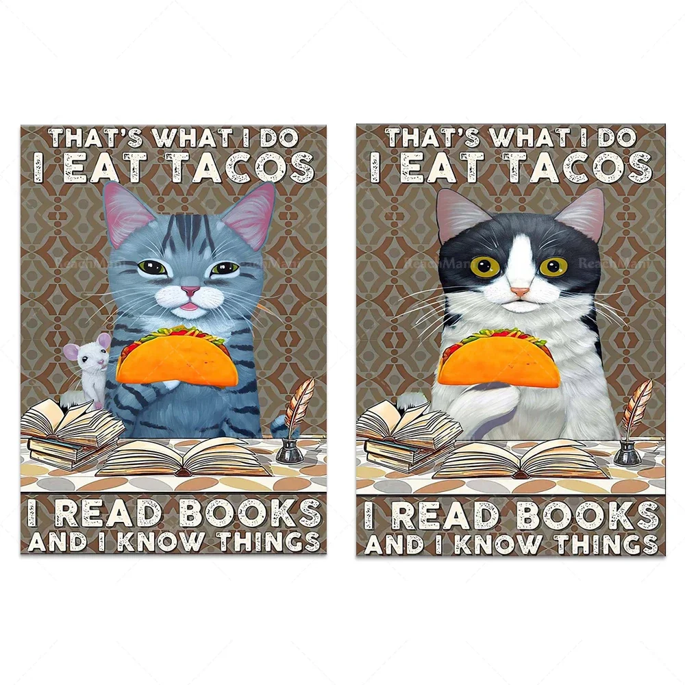 Pelo corto americano, cartel de gatos de esmoquin de amor, lo que hago, comer tacos, leer libros, sé cosas, arte de taco de gato, amantes del taco