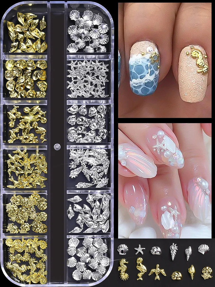1 boîte de breloques 3D en alliage sur le thème de la mer pour Nail Art, 12Styles de coquille, hippocampe, conque, étoile de mer, méduse, décorations pour ongles, pièces d'été à faire soi-même