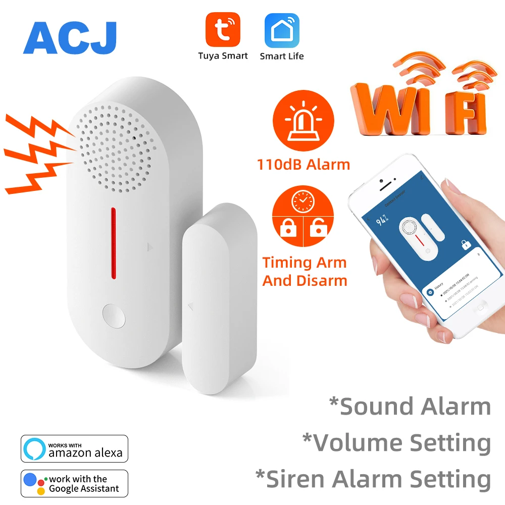 Acj Tuya เครื่องตรวจจับประตูหน้าต่างอัจฉริยะ, เครื่องตรวจจับที่ปิดประตูด้วย WiFi พร้อมแตรแจ้งเตือนแอปชีวิตอัจฉริยะสำหรับความปลอดภัยในบ้าน