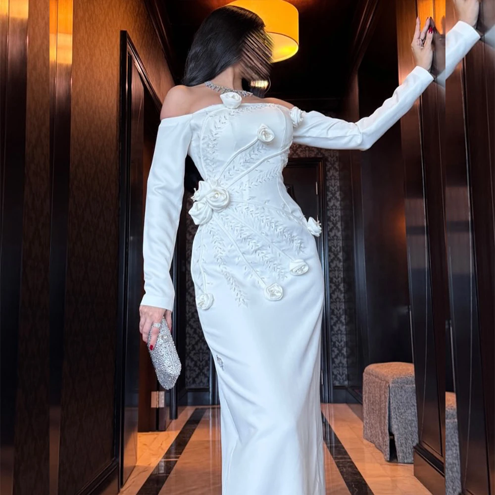 

Arabic Evening Dresses Off Shoulder Long Sleeve Mermaid Prom Dress with Flowers Party Gown Customizedفساتين سهرات