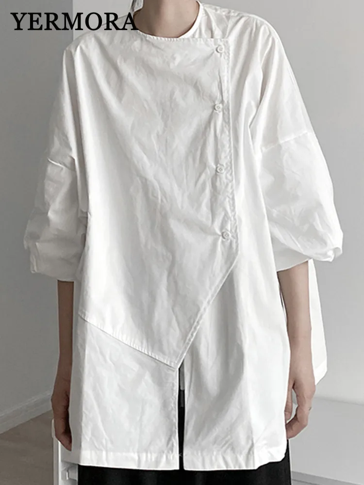 

YERMORA White Irregular Button Big Size Casual Blouse For Women O-neck Half Sleeve Loose New Shirt Fahion Spring Summer 2025