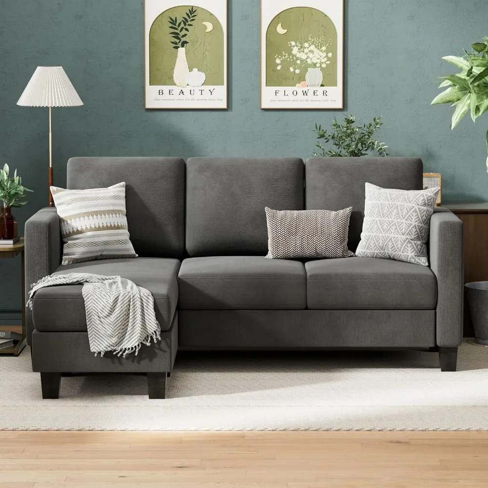 Sofa Sofa multifungsi, Sofa bentuk L 3 tempat duduk dengan kain Linen, Sofa kecil Ottoman dapat digerakkan untuk apartemen kecil