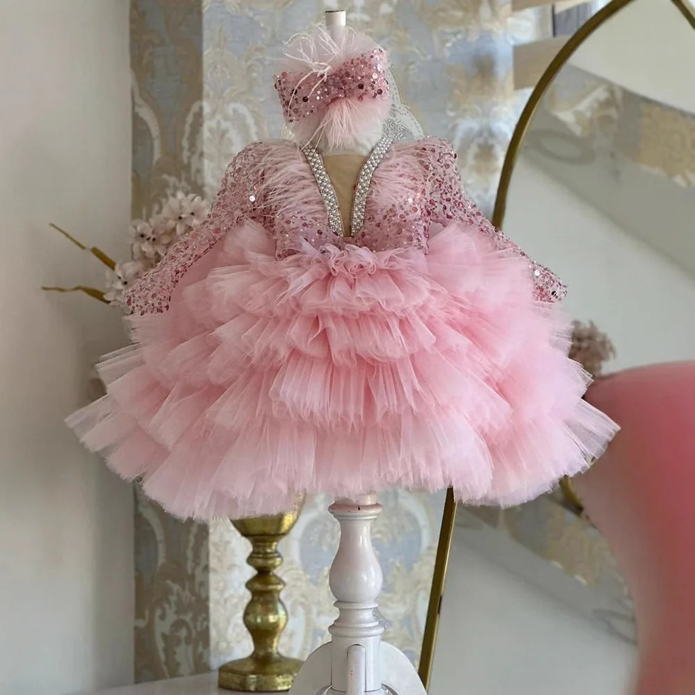 

Gorgeous and elegant V-neck sequin long sleeved girl's dress for children's piano performance runway performance mesh cake dress