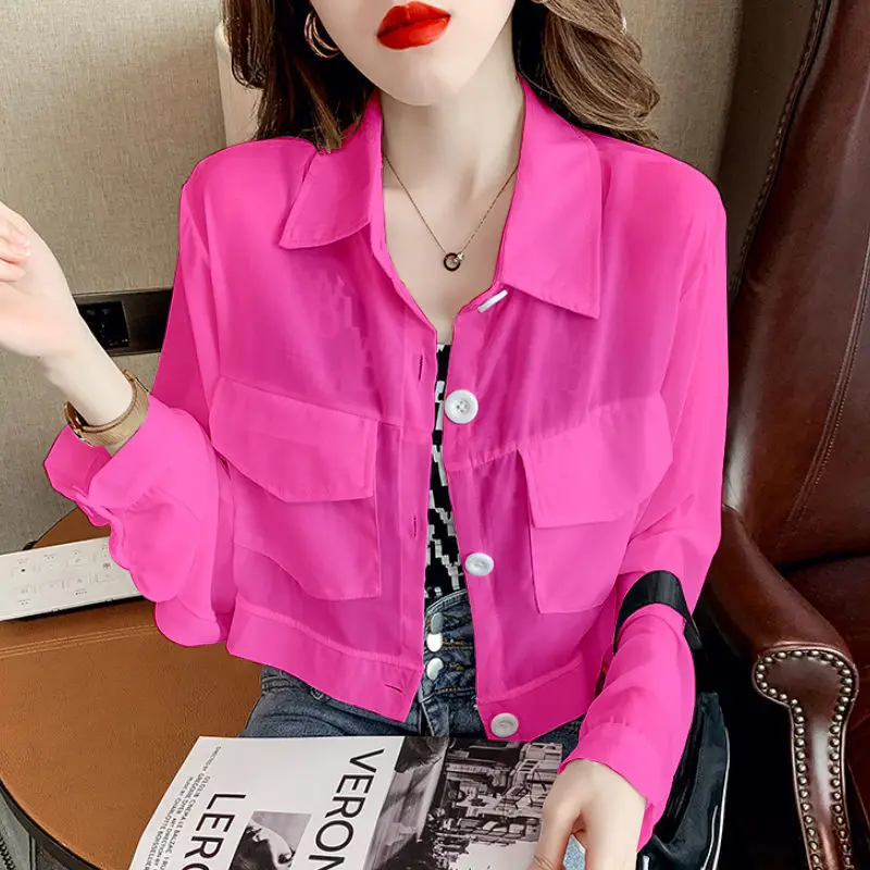 

Stylish Solid Color Pockets Button Casual Chiffon Shirt Female Clothing 2023 Autumn New Oversized Loose Tops Commute Blouse