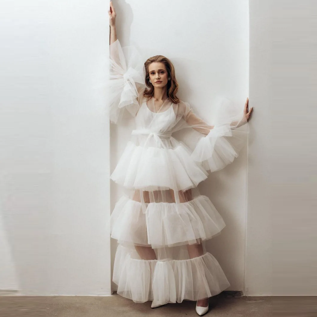

Women's Tulle Dress with Layered Skirt and Puffy Sleeves White Wedding Party Gown Soft Fabric Long Formal Evening Dress