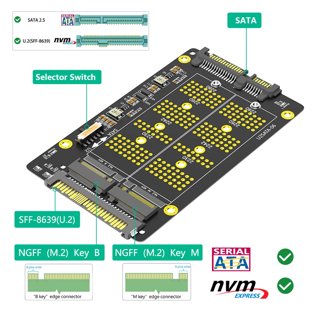 2-in-1 M2 SSD-Adapter M.2 NVME M Key zu U.2 SFF-8639 M.2 SATA B Key zu SATA 2.0 2,5-Zoll-Konverter für 2230 2242 2260 2280 M2 SSD – Detail 2