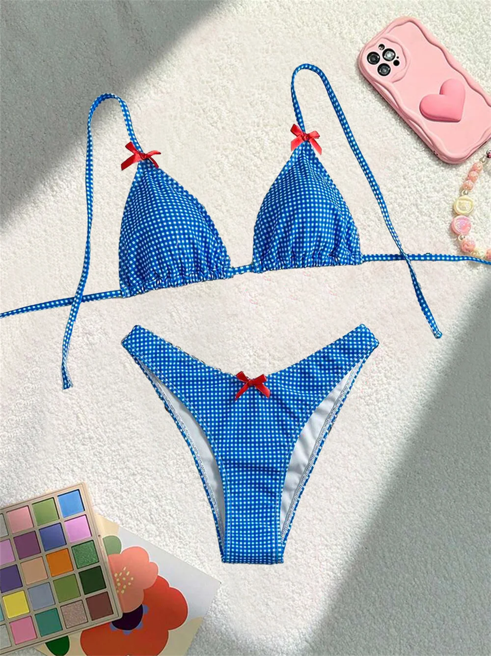 Sexy Blue and White Plaid Bikini Red Bowknot Micro String Swimsuit Thong Women Two Piece Backless Vacation Swimwear Beach Outfit
