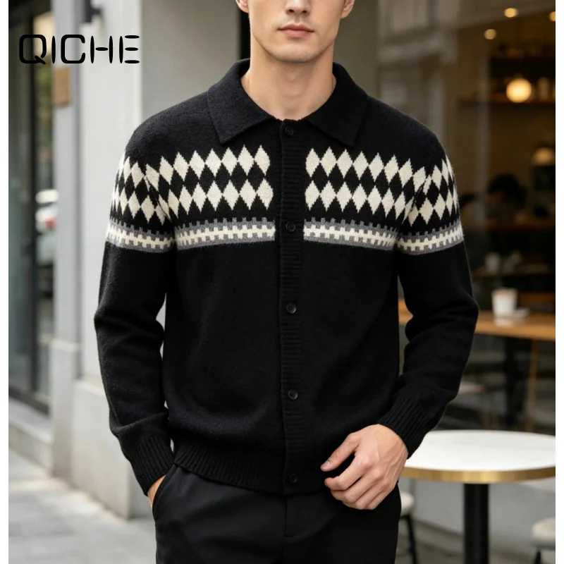 QICHE Men Sweater 2026 New Retro Ethnic Knit Outerwear, Men Korean Style Warm Zip Up British Vintage Cardigan, Men Clothing