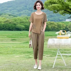 Vintage Cotton Linen Suit for Women Pants Short Sleeve Blouses Loose 2 Piece Sets Summer Womens Outfits Trouser Suits