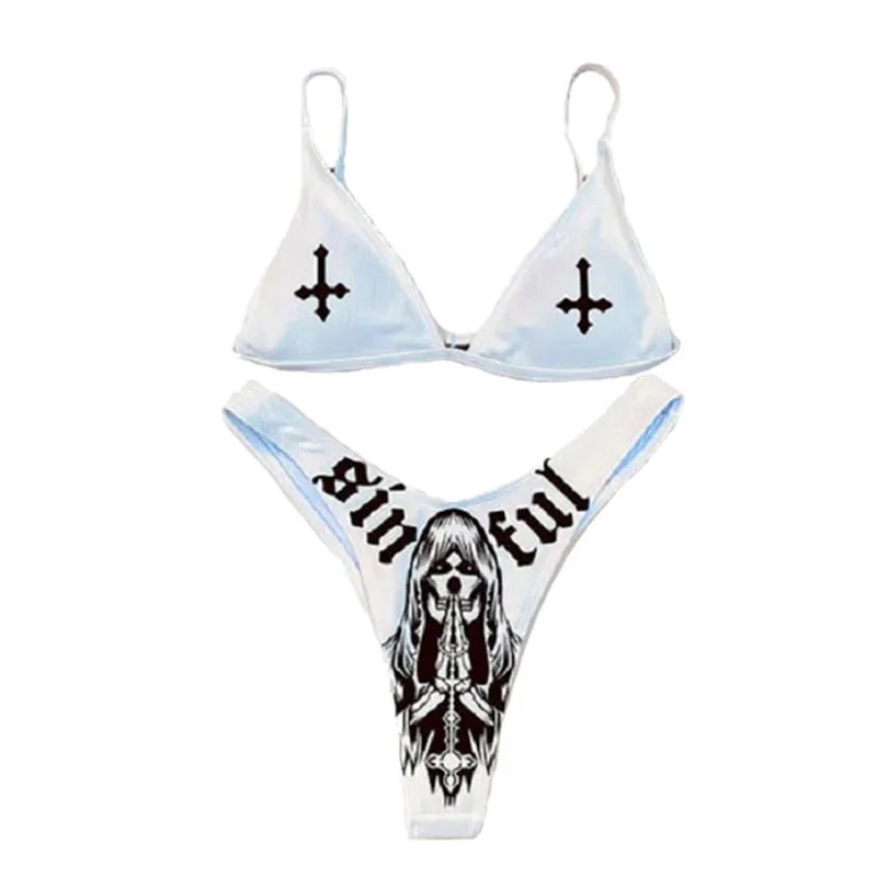Trendy Cross Skull Print Bikini Set White Split Swimsuit for Women - view 6