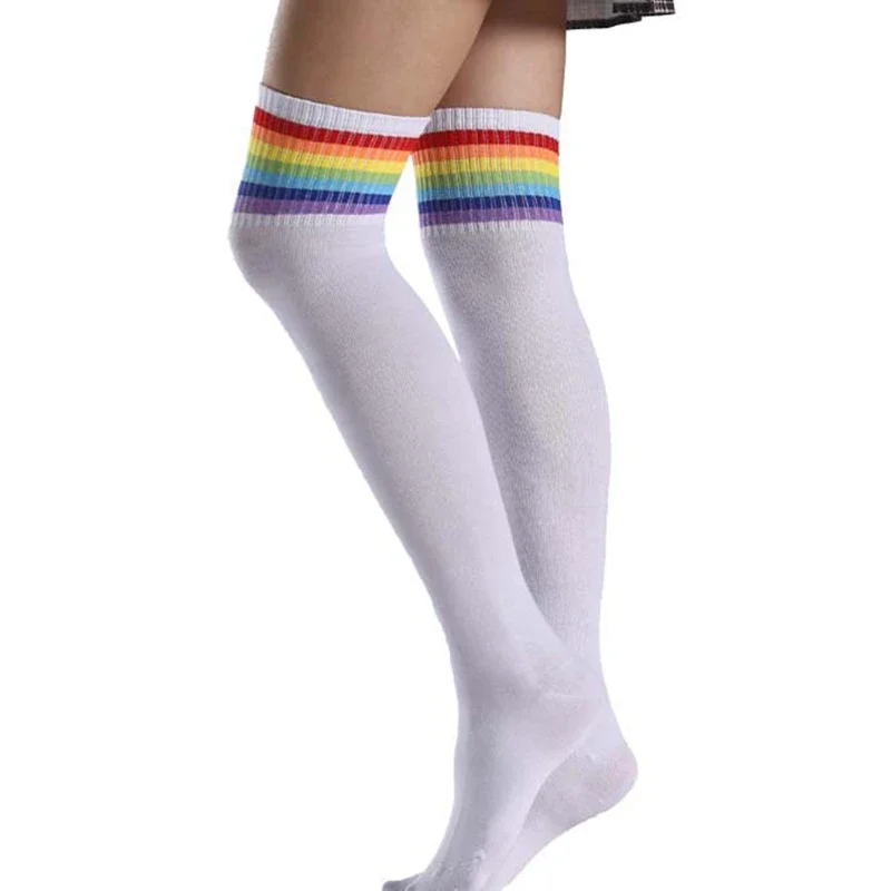 1 Pair of High Rubber Band Rainbow Long Tube Students Knee Socks Colorful Stretch Version