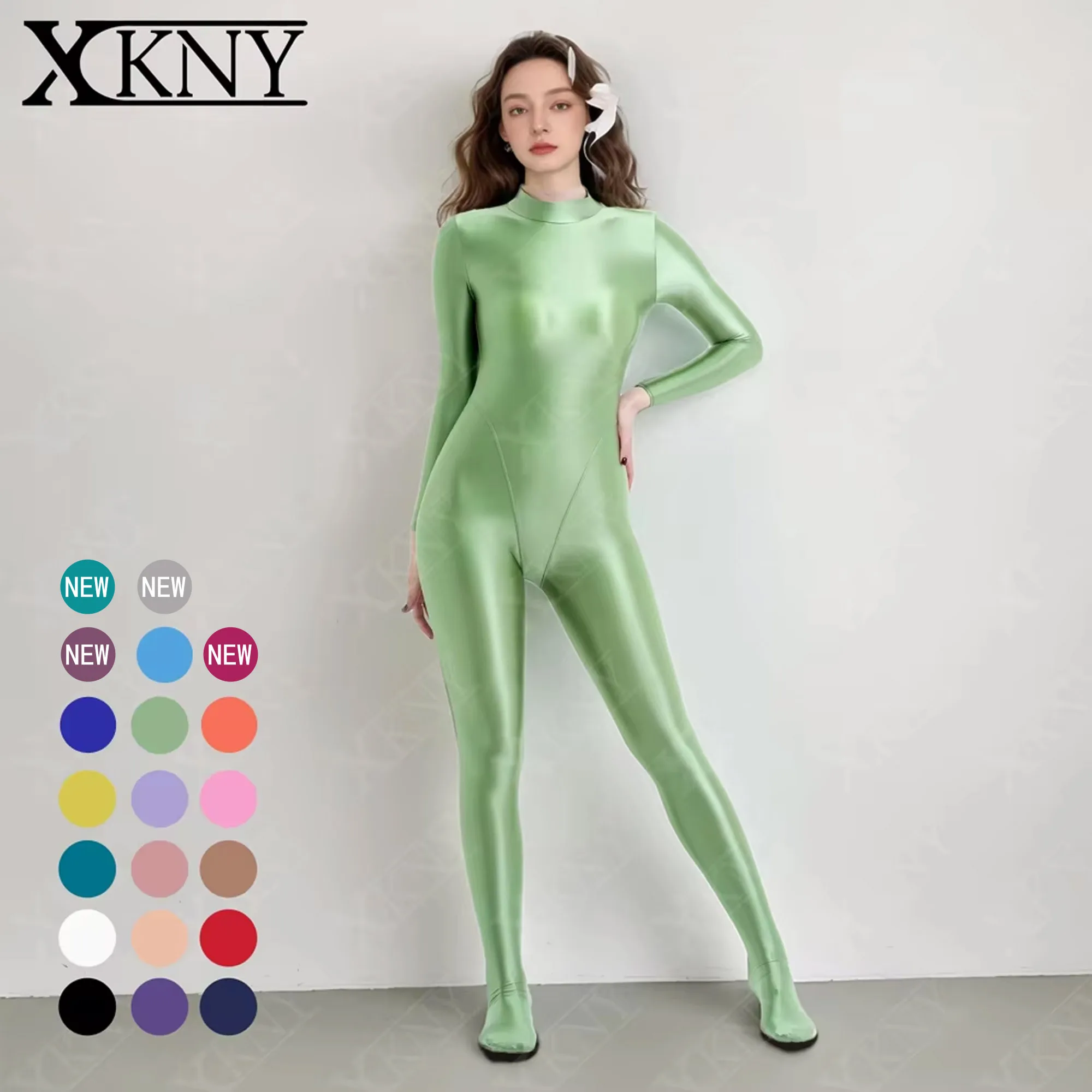 

XCKNY glossiness series bodysuit satin glossy Oil High Neck zipper Long Sleeve Full body V-crotch jumpsuit Silk leotard