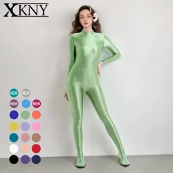 XClocKNYoung satin glossy bodysuit satin glossy Oil High Neck zipper Long Sleeve Full body V-crotch jumpsuit Silk leotard