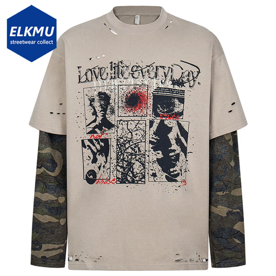 

Vintage Oversized T-shirts Camouflage Patchwork Graphic T Shirts Long Sleeve Tee Tops Streetwear Harajuku Hip Hop Tshirts