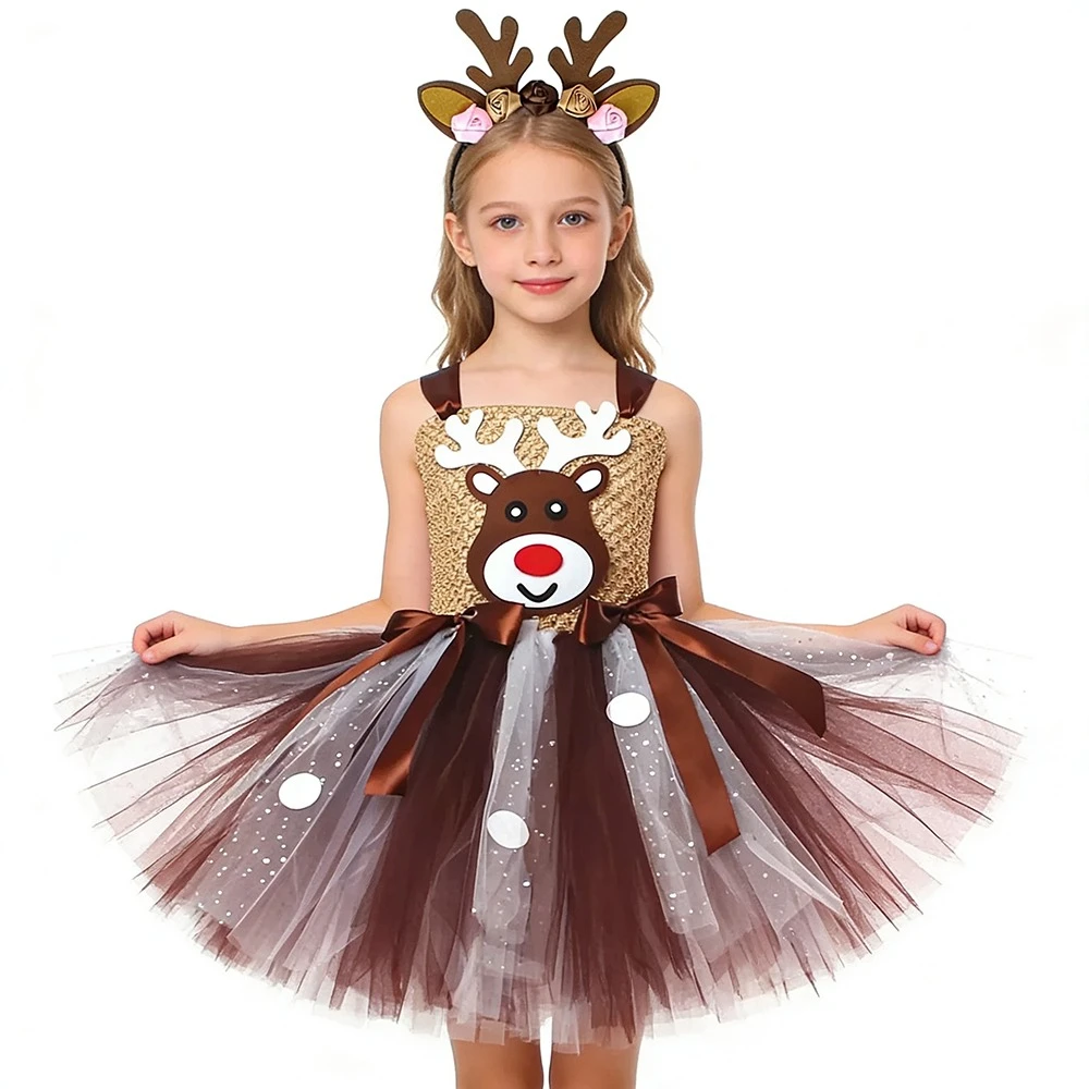 

Christmas Princess Dresses Costumes for Christmas Birthday Party Knee Length Dress Elk Mesh Tutu Dress Performance Set