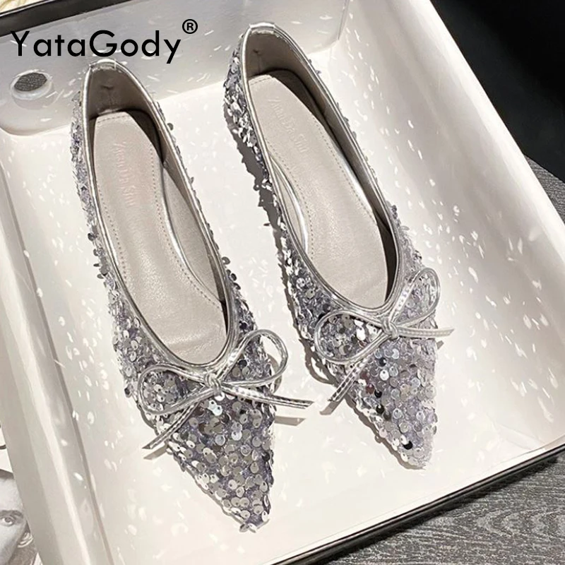 

YATAGODY Size 34-43 Women Shiny Glitter Ballet Flats Shoes Cute Bow Low Heels Loafers Casual Party Wedding 2025 Slip On Trendy