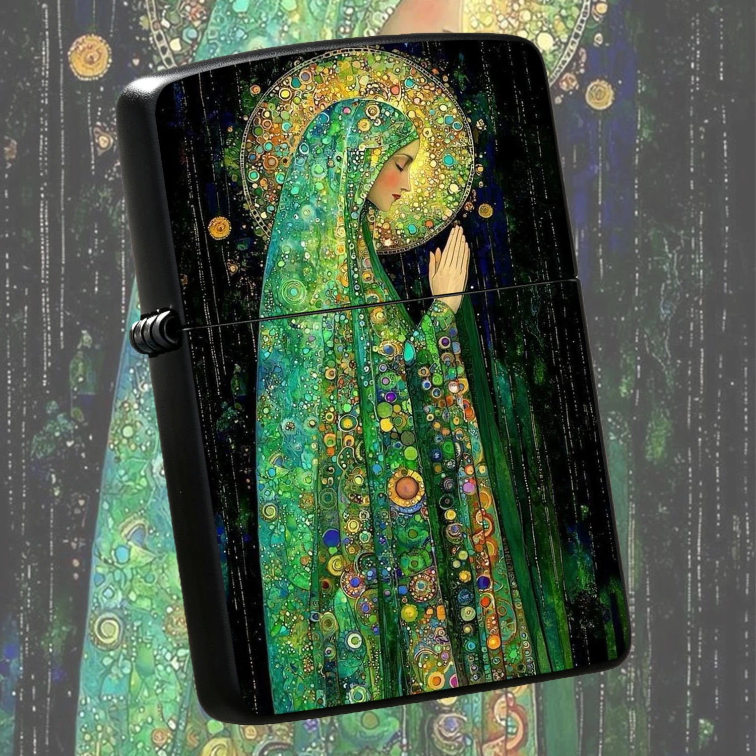 Vintage Klimt Style Praying Saint Pattern  Durable Durable Housing Windproof Colorful Printed Body Artistic Unique Collectible Gift For Art Lovers Daily Outdoor Use Exquisite Present For Friends Family A Fun And Humorous Lighter
