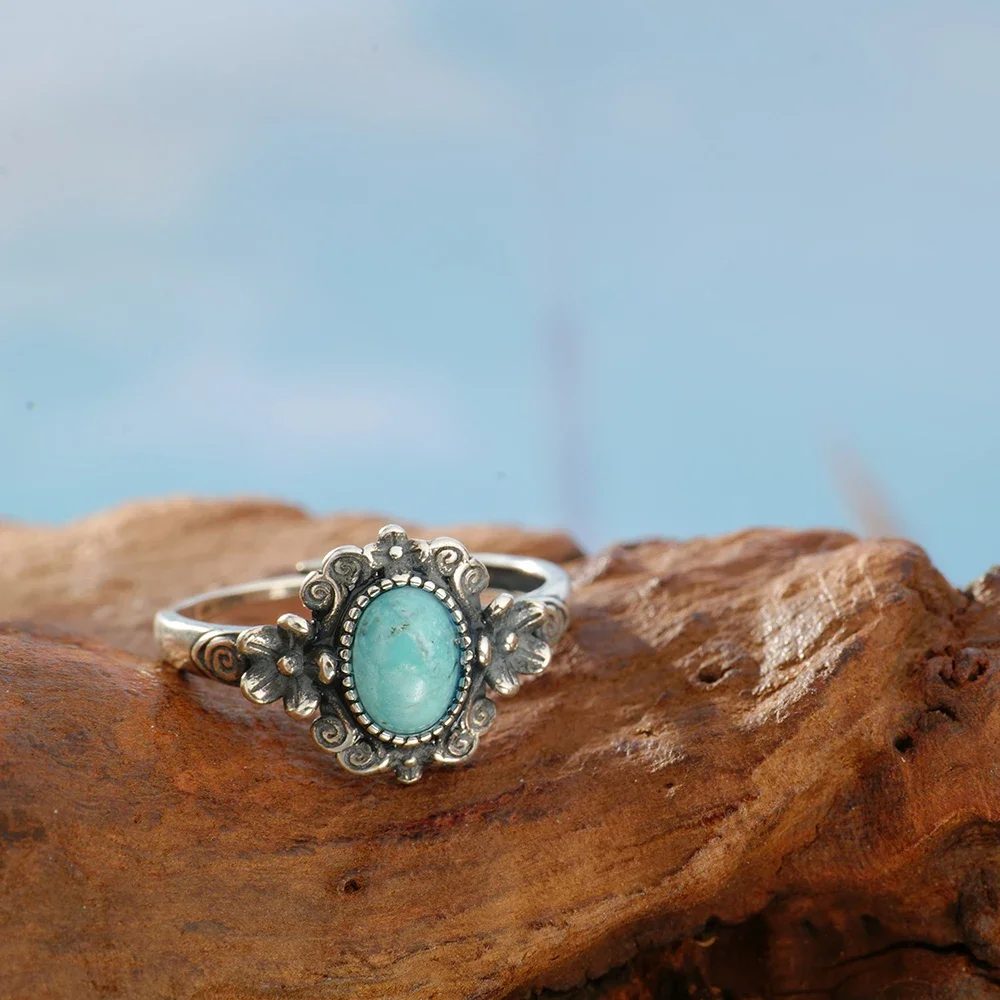 

Vintage 925 Silver Ring Natural Turquoise Adjustable Bands Antiqued Floral Design Handmade Bohemian Jewelry Birthstone Gift