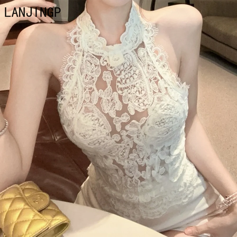 

Design sense lace crochet beautiful back neck vest women's summer hollow slim fit inside pure white outer top