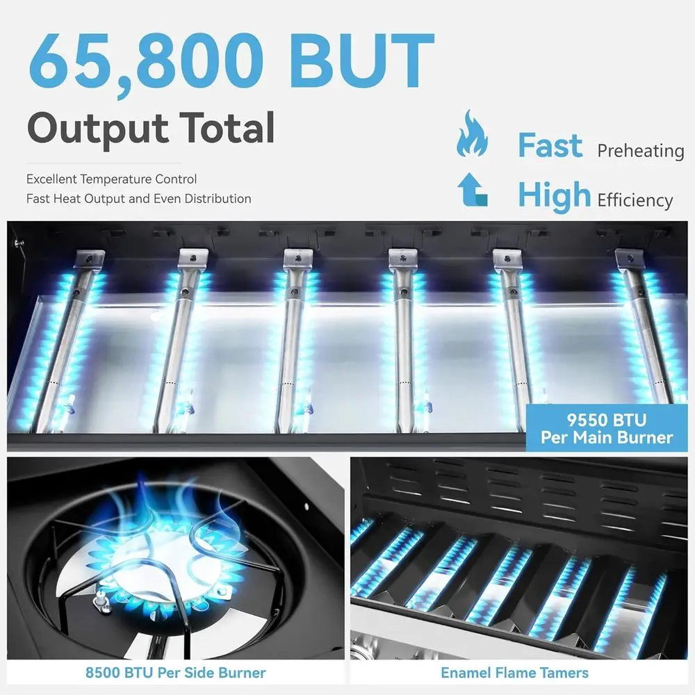 6-Burner Propane BBQ Grill with Side Burner, 65,800 BTU, 665 Sq. In. Cooking Area, Outdoor Patio Cooking