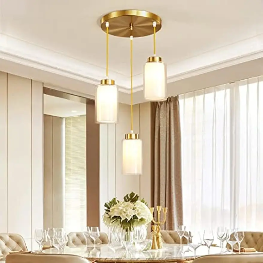 Room Pendant Light 3-Light Golden Brushed Brass Hanging Chandelier Lighting with Clear Glass Shade, Linear Ceiling Pendant