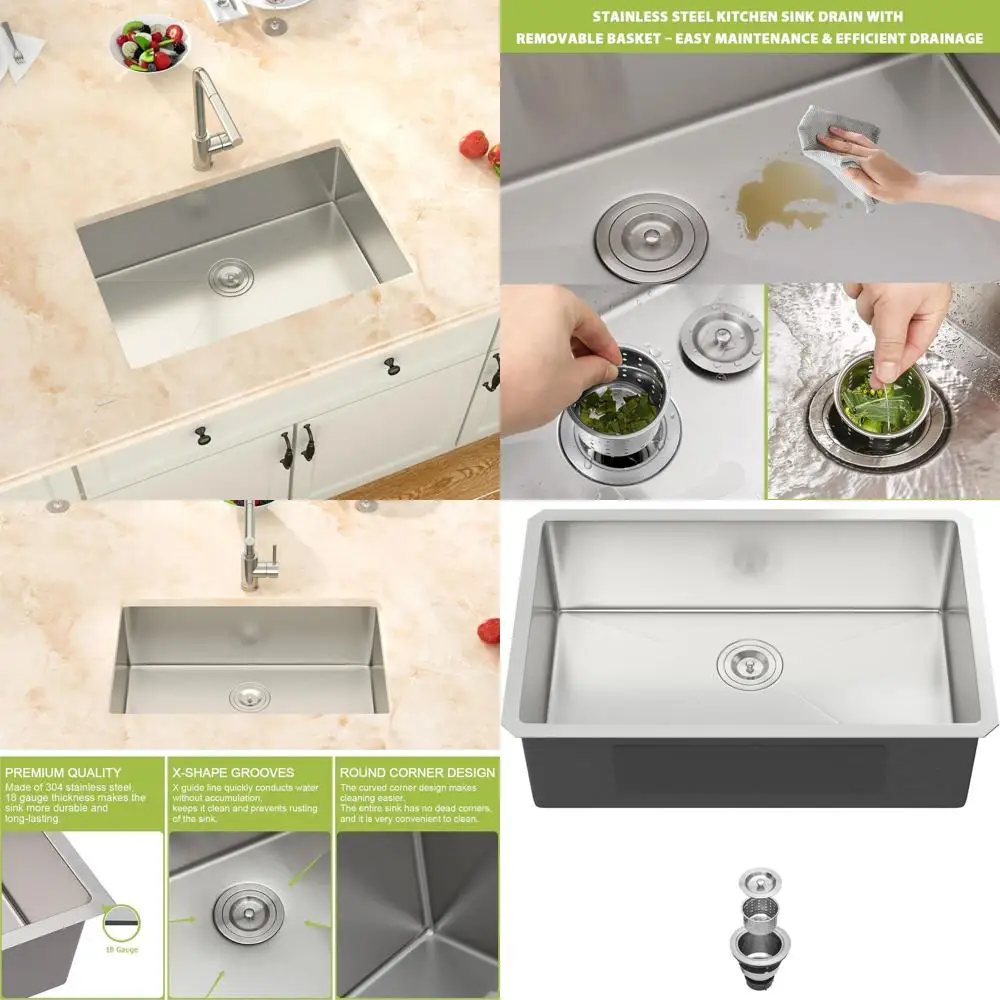 

18 Gauge 304 Stainless Steel 28 Single Bowl Undermount Kitchen Sink, 9 Deep