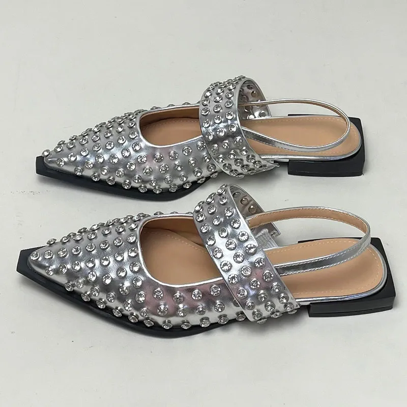 New 2024 Luxury Crystal Footwear Silver Women Flat With Shoes Female Pointed Toe Fashion Rhinestones Shallow Ladies Flats Shoes