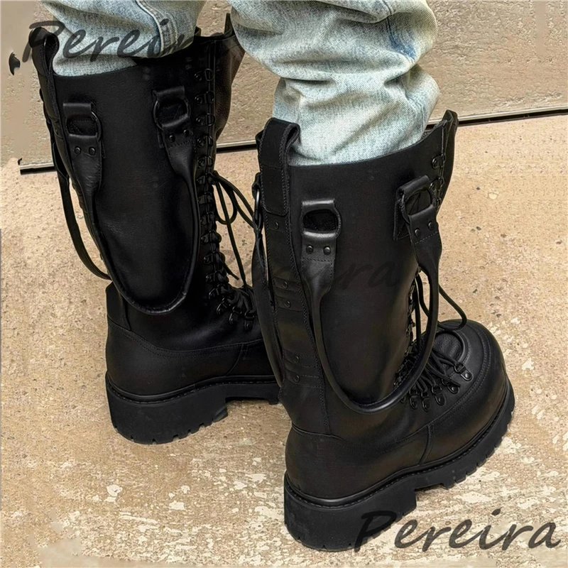 Men's Retro 10CM Thick Soled Motorcycle Boots Fashion Designer Hand-Held Lace-Up Platform Knee High Boots Trendy Couple Shoes