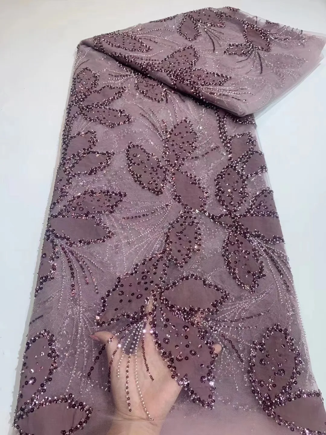 2023 Latest African Beaded Lace Fabric Lilac Embroidery French Mesh Sequins Lace Fabric Nigerian Tulle Lace For Party VXH5736