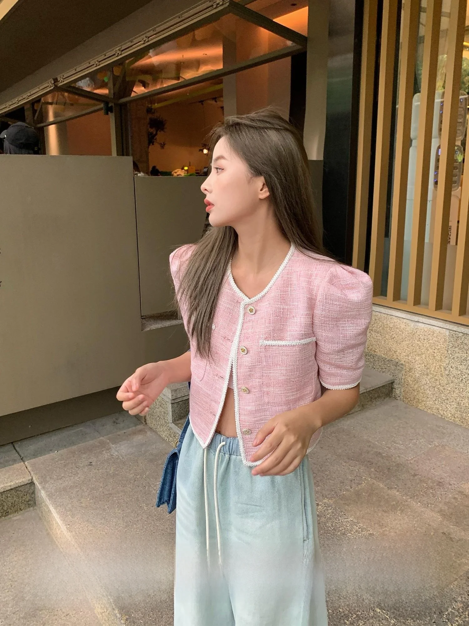 

Pink Thin ort Sve Bubble Sve Outerwear Women's Summer Top Commute Sle Regular Length Cotton Polyester Blend