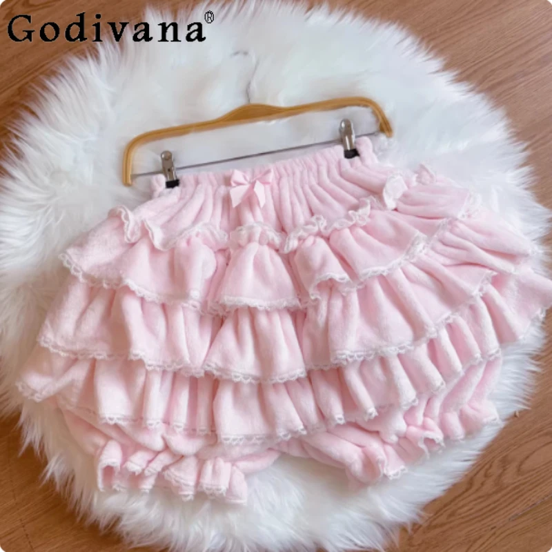 

Winter White Plush Cake Shorts Lolita Plush Warm Women Elegant Lace Sweet Pumpkin Safety Pants