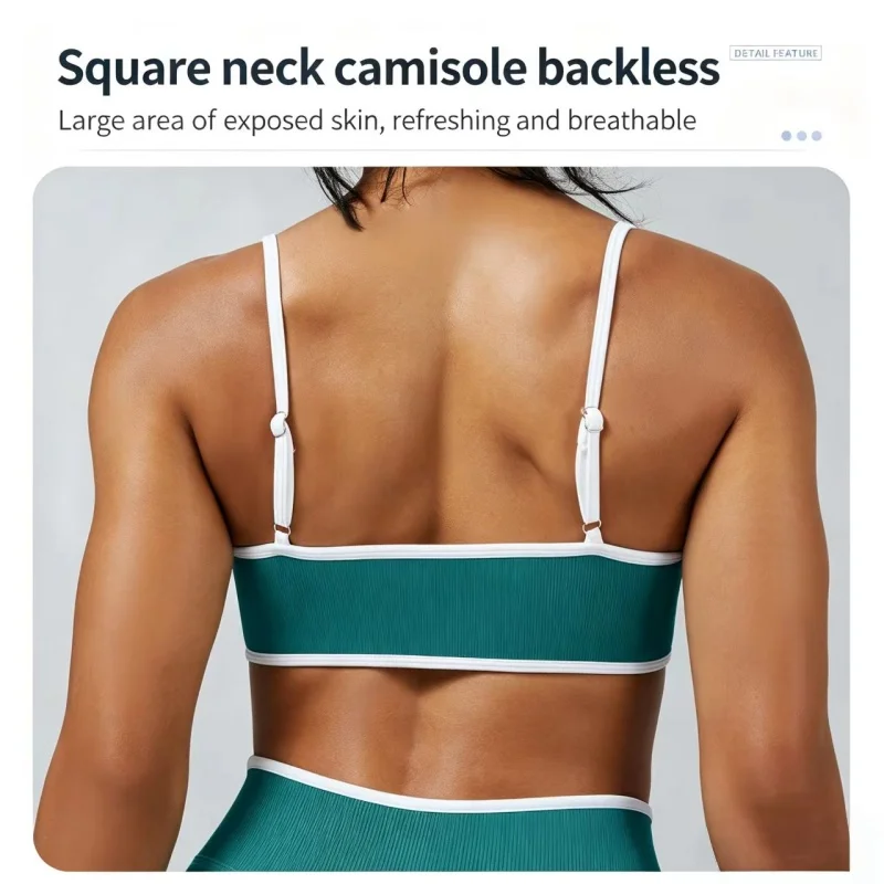 Nahtloser, gerippter Sport-BH für Damen, mit kontrastierenden, dünnen Trägern, ohne Bügel, weiche Unterstützung, atmungsaktives Yoga-Top für das Fitnessstudio und den täglichen Gebrauch. – Detail 5