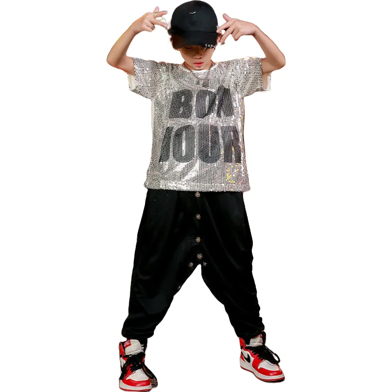 Conjunto de dança hip-hop com lantejoulas para crianças, roupa esportiva para dança de rua para meninos, fantasia de performance de palco para líderes de torcido