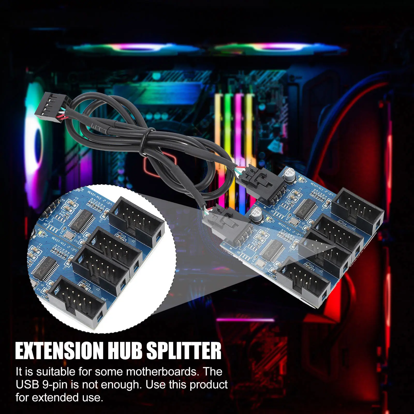 

USB 2.0 9-контактный удлинитель-разветвитель USB-разъема 1:4 для монтажа на корпус ПК с клейкой основой, низкое помехообразование