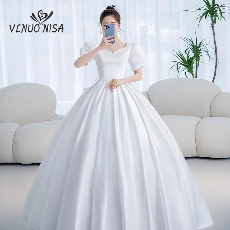 Vogue-vestido de cetim casamento com mangas curtas, estilo francês, elegante, personalizado, tamanho grande, novo, 2023