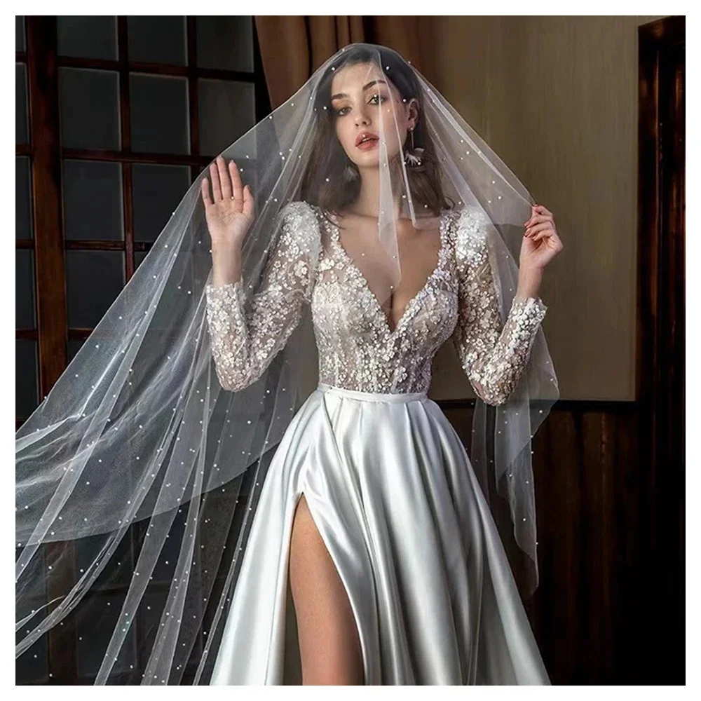 Robe De mariée élégante personnalisée, décolleté en v profond, manches longues, avec des appliques en dentelle, ligne A, robe De mariée princesse