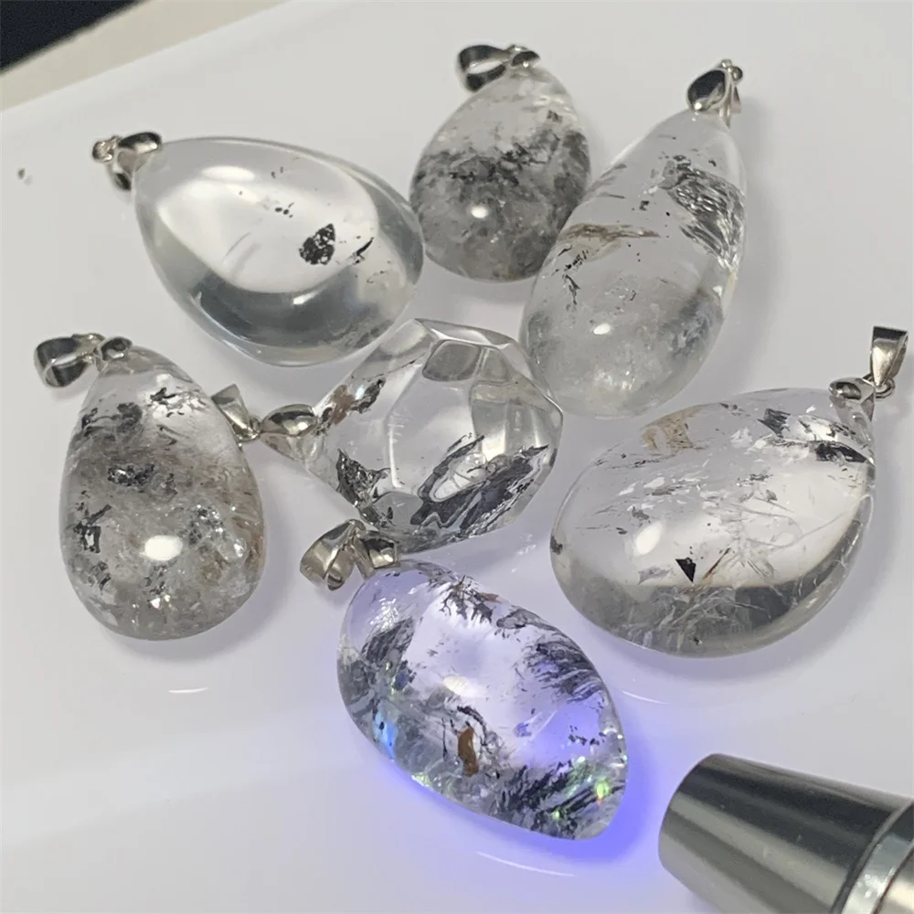 Natural Herkimer Diamond Pendants Women Men Petroleum Quartz Healing Beads Black Graphite Inclusion Rainbow Flash Clear Crystals