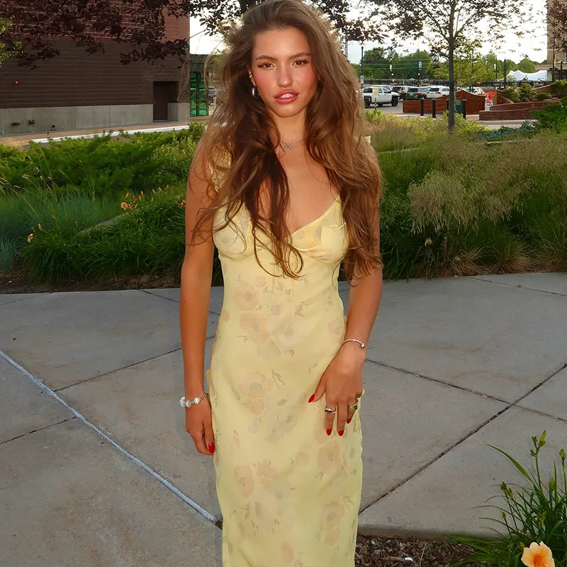 

Модные платья макси с цветочным принтом, женские сексуальные платья без рукавов с открытой спиной и v-образным вырезом, оборками, тонкое платье, женские летние каникулы, Vestidos