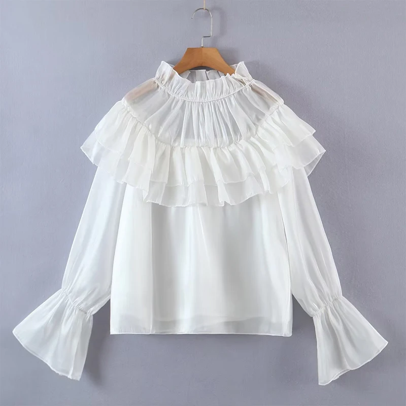 High street Women Ruffles blouse Fold Tops White Autumn Elegant Long sleeve Ruffled neck Female shirt Loose INKEO 2T230