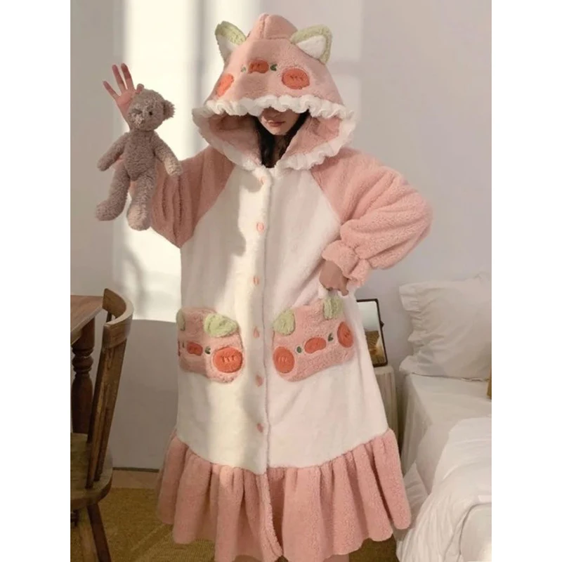 Chemise de nuit à capuche une pièce pour femme, robe de over, pyjama sourire, vêtements de nuit chauds, vêtements d'intérieur à volants, vêtements de nuit d'hiver, 2024