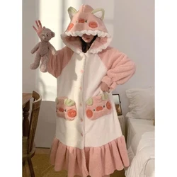 Pig Robe for Women Sleepwear Hooded Nightdress Winter Fleece Pajama Night Wears Warm One Piece Nightgown Ruffles Homewear 2024