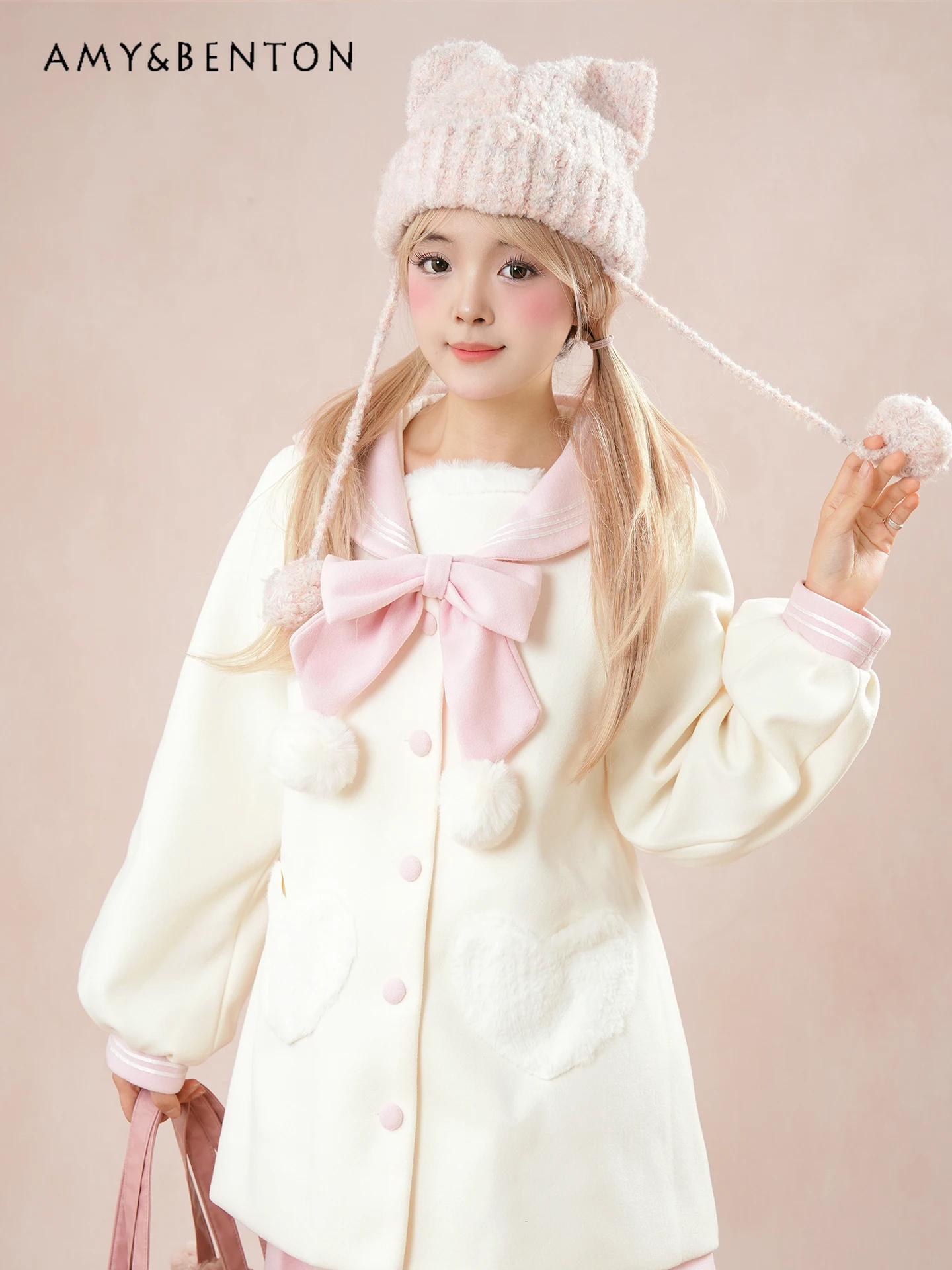 

Autumn Winter New Japanese Style Sweet Cute Navy Collar White Woolen Coat JK Pleated Pink Short Skirt Two-Piece Set
