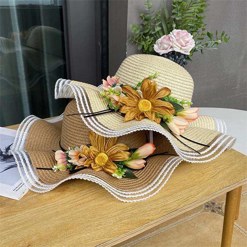 Lady Summer Wide Brim Knitted Sun Hat fo Women Flower Sun Hats Wedding Church Kenta Derby Party Headwear Accessories