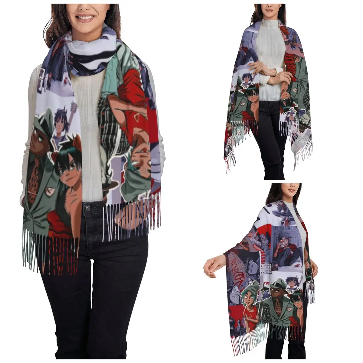 Gorillaz Music Scarf for Women Winter Warm Cashmere Shawl Wrap Rock Large Shawl Scarf Daily Wear