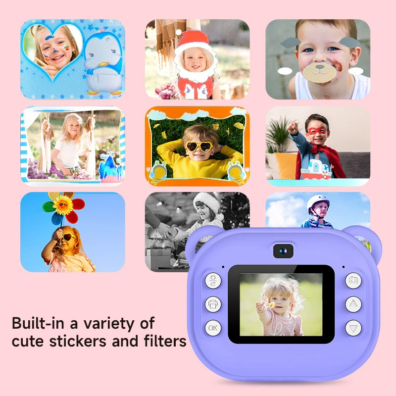 Children Digital Camera Instant Printer 1080P HD Digital Camera Toys Cute cartoon Thermal Printing Camera +32G Memory Card Gifts