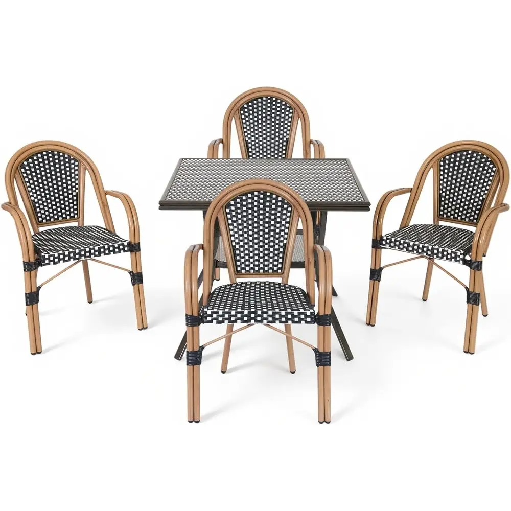 

All-Weather Wicker 5-Piece Patio Dining Set with Square Table and Armrest Chairs for Outdoor Bistro, Black/White