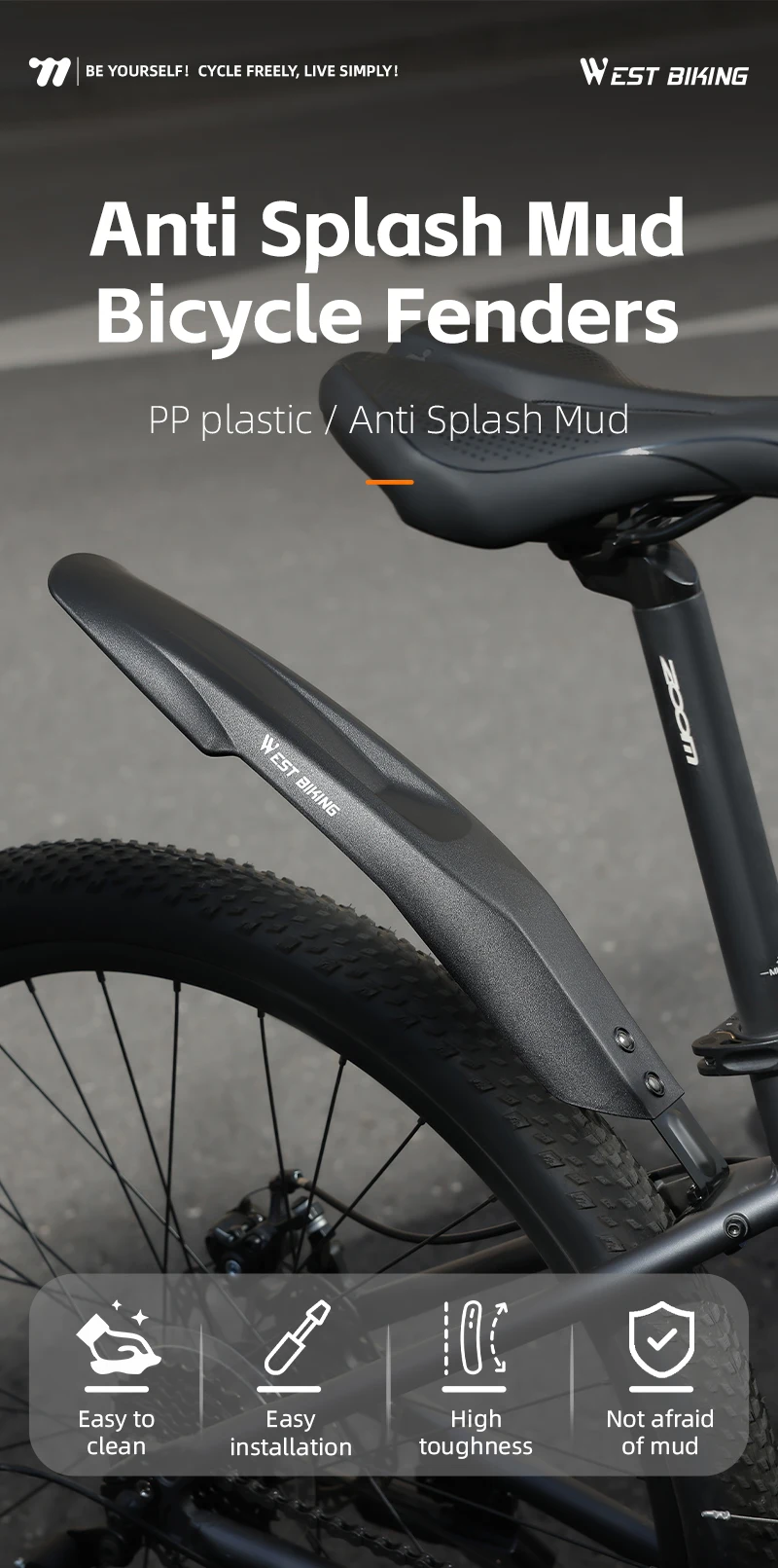 WEST BIKING 20/22/24 Zoll MTB Fahrrad-Schutzblech-Set PP Hochfeste Vorder- und Hinterradschutzbleche Wasserdicht Spritzwassergeschützt Fahrradzubehör – Detail 1